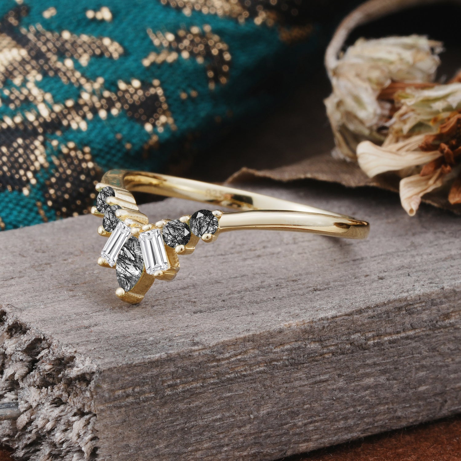 SR17216 Black Rutilated Quartz Ring - White-Gold