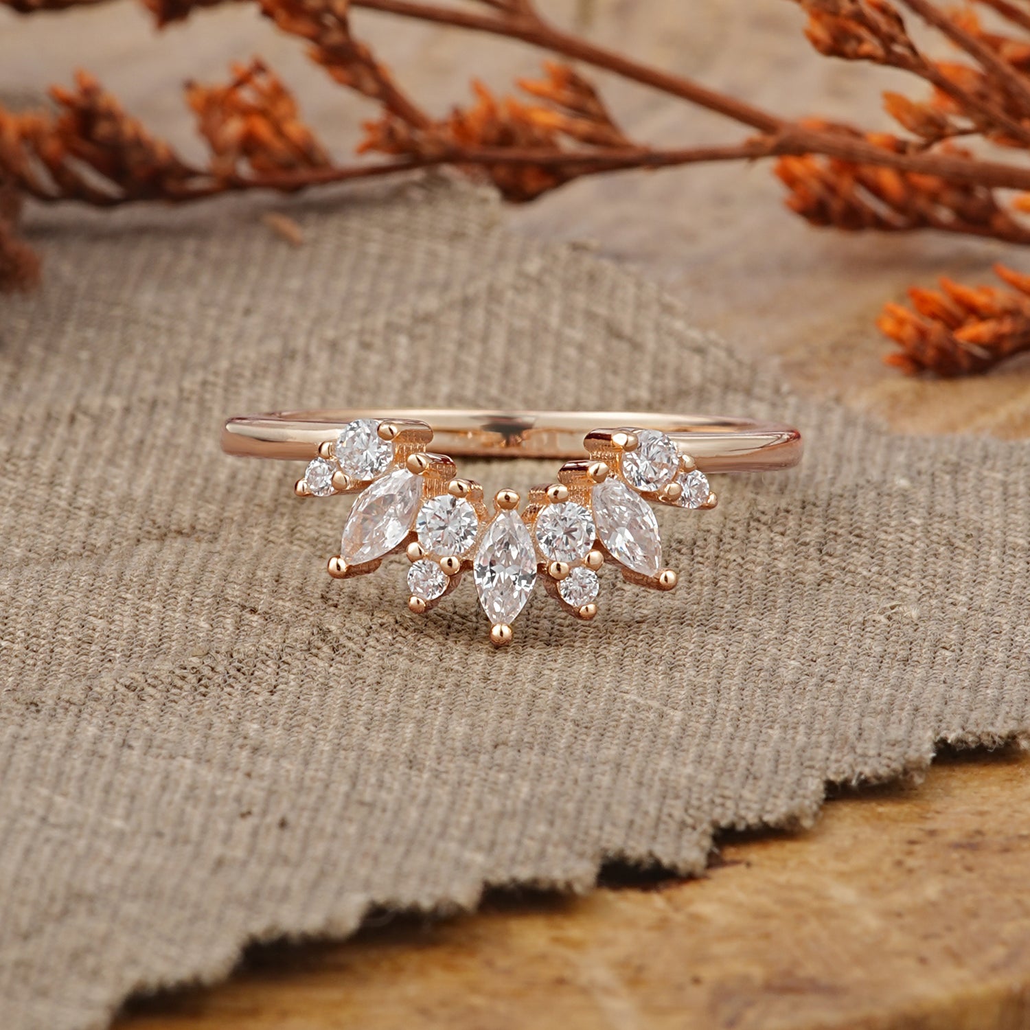 Artistic Vine Marquise Cut Moissanite Curved Wedding Band