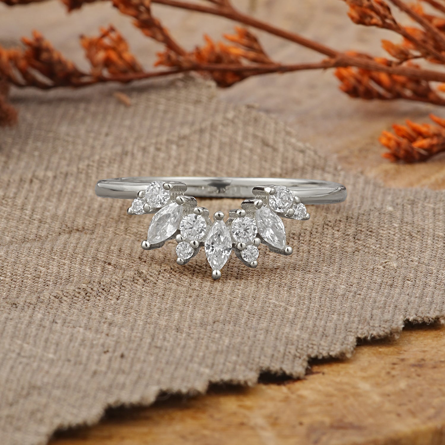 Artistic Vine Marquise Cut Moissanite Curved Wedding Band