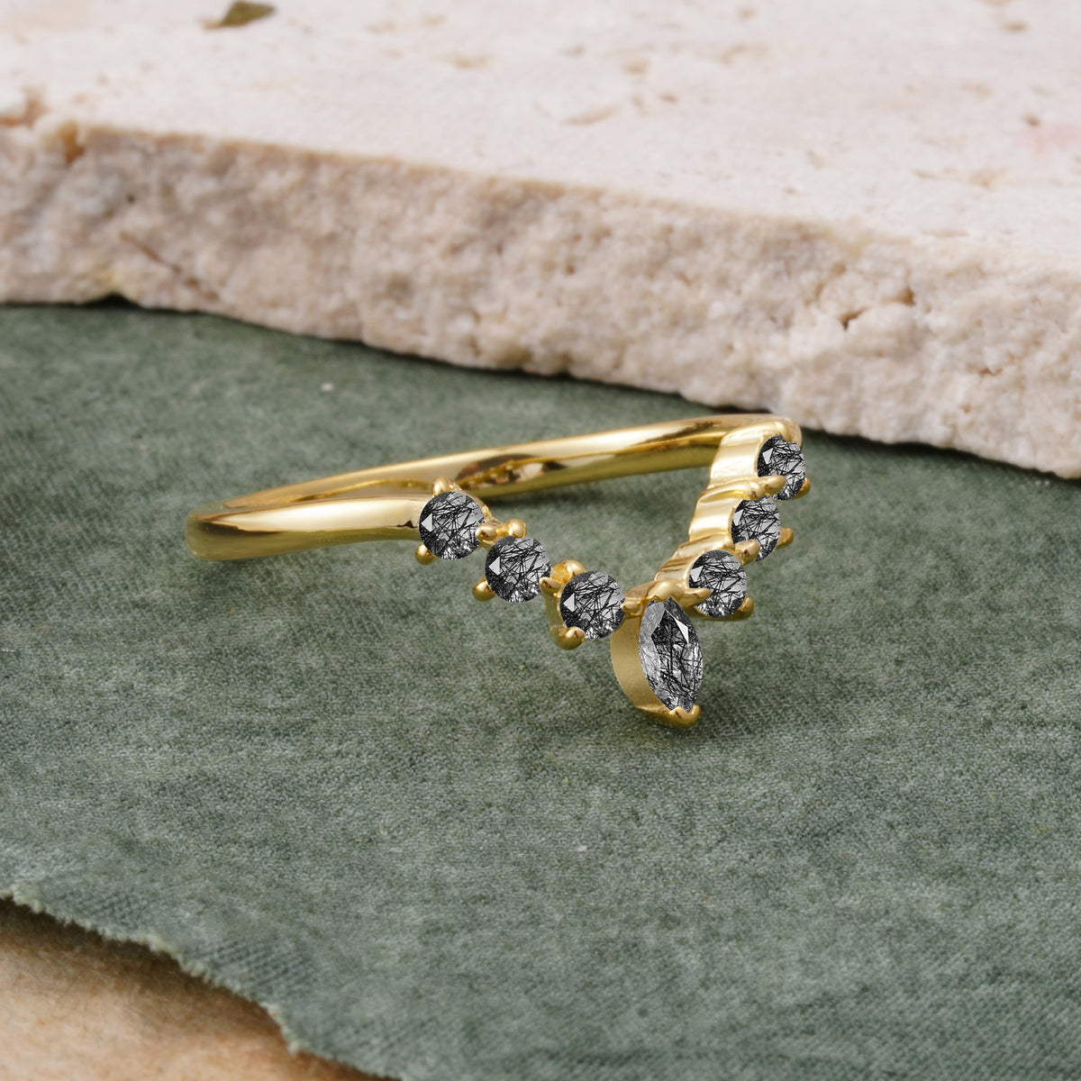 SR17234 Black Rutilated Quartz Ring - White-Gold
