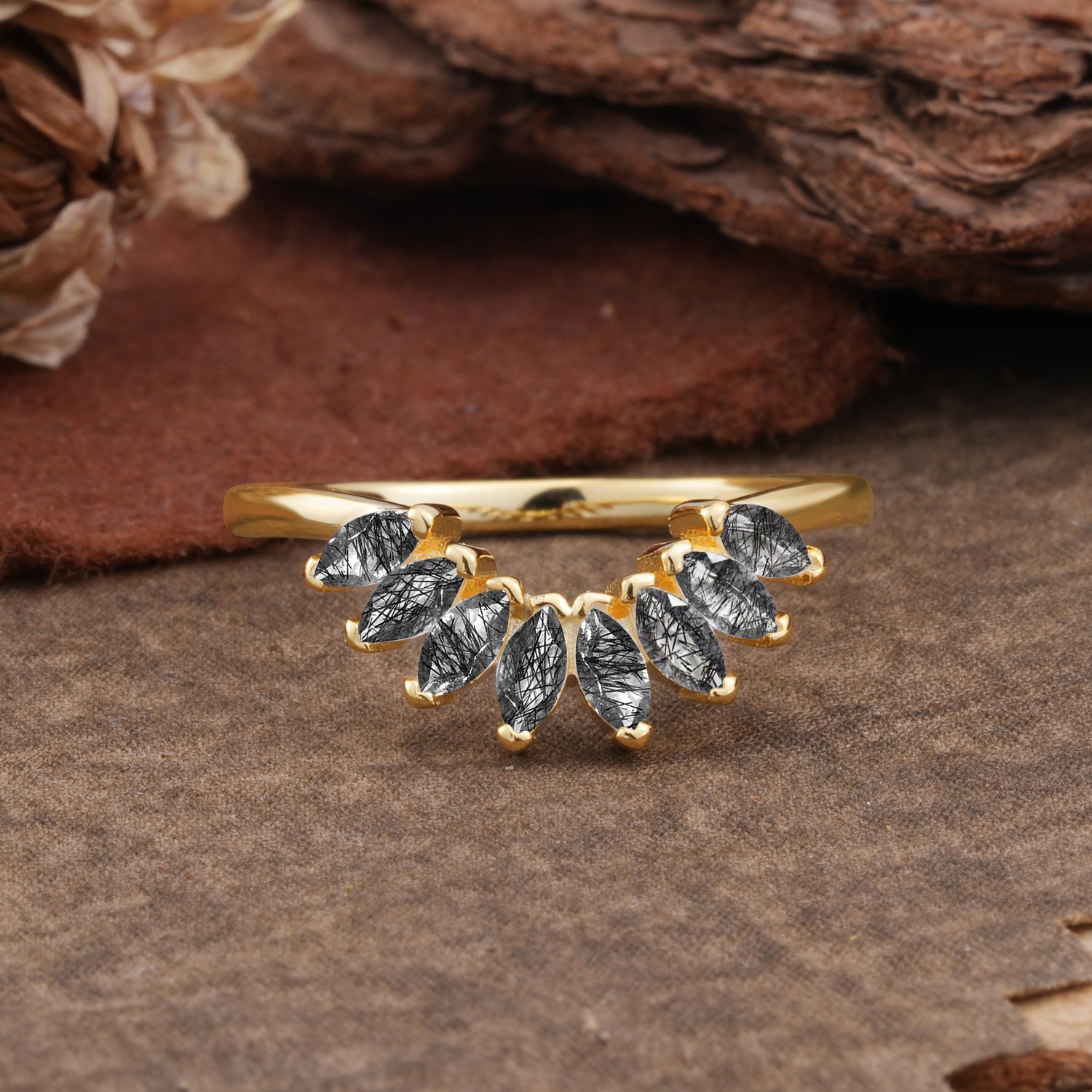 SR17236 Black Rutilated Quartz Ring - Yellow-Gold