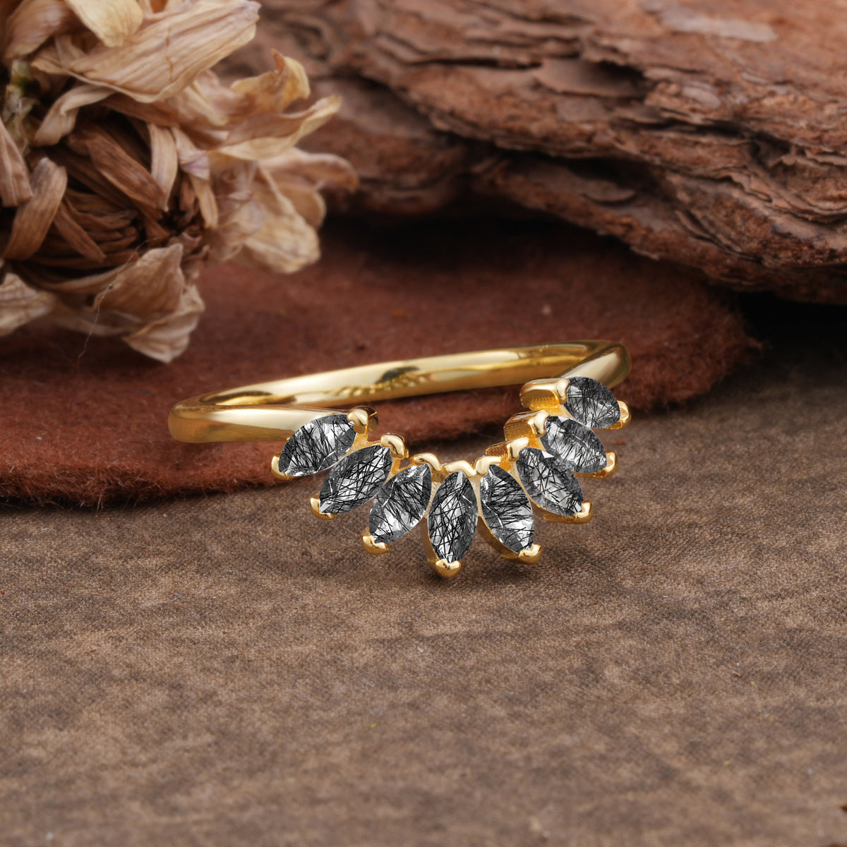 SR17236 Black Rutilated Quartz Ring - Rose-Gold