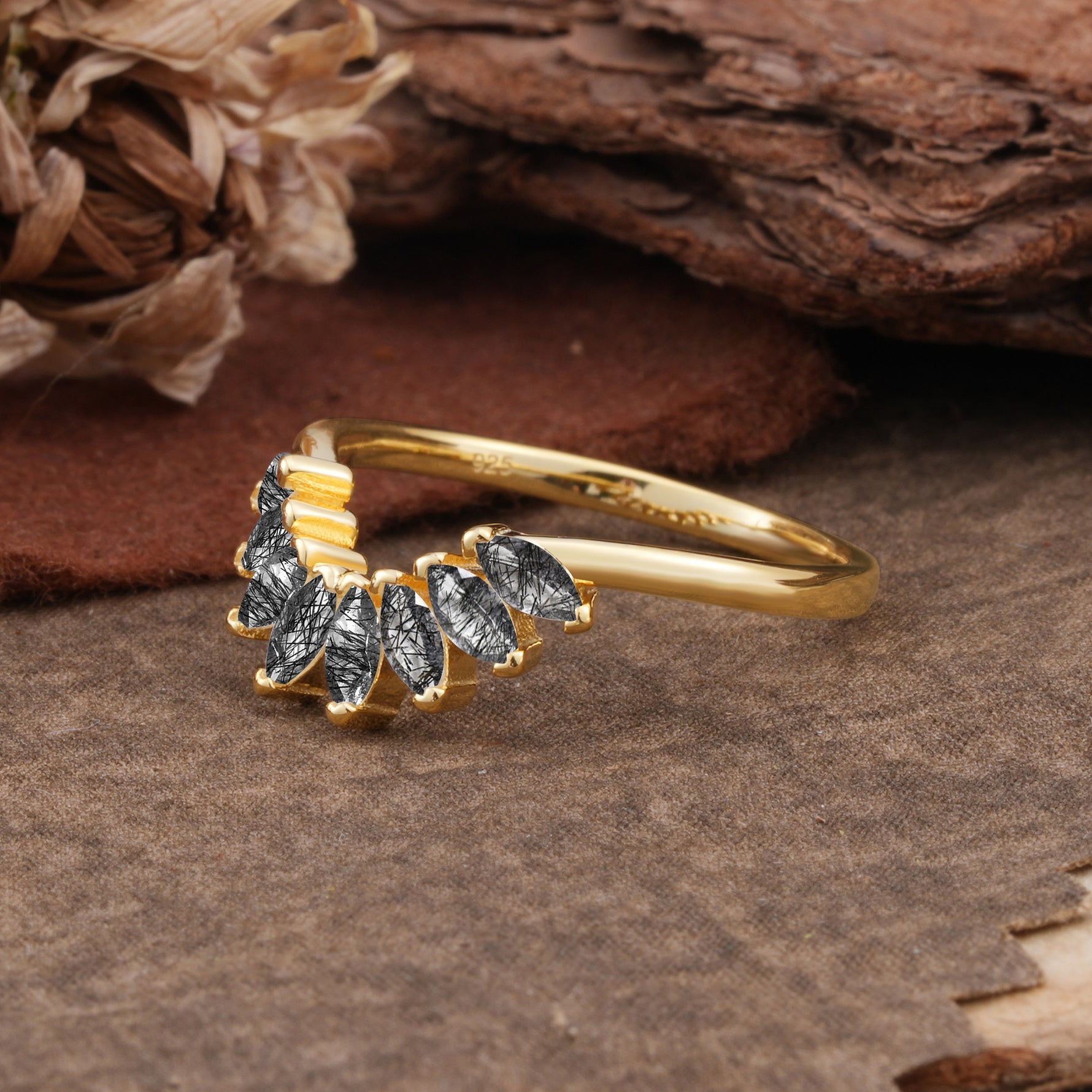 SR17236 Black Rutilated Quartz Ring - White-Gold