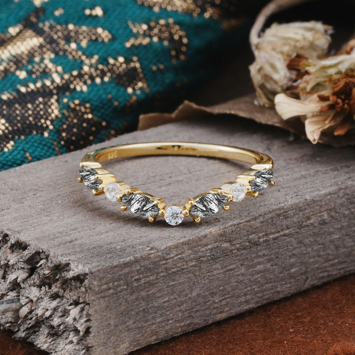 SR17241 Black Rutilated Quartz Ring - Yellow-Gold