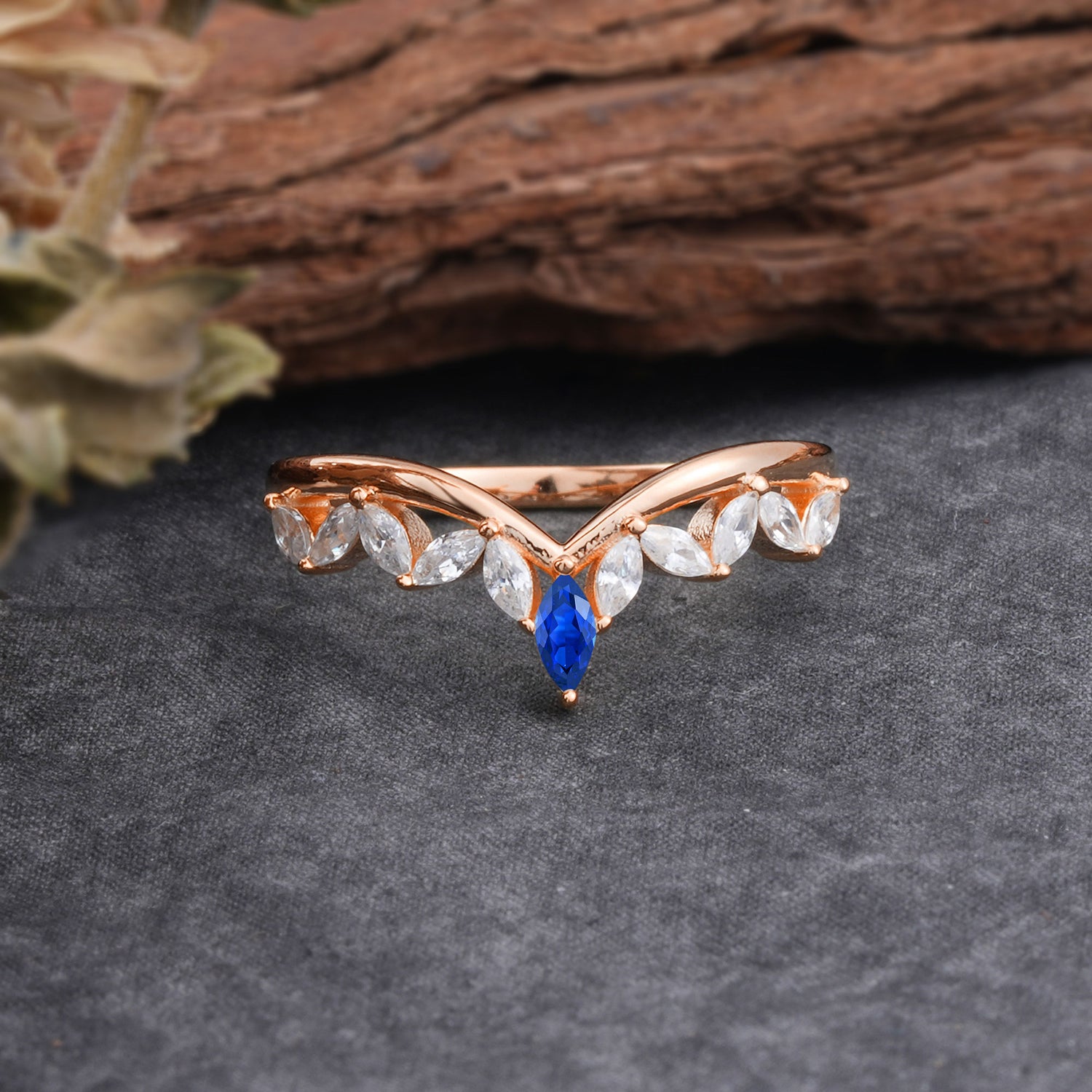 Unique Marquise Cut Curved Sapphire Wedding Band