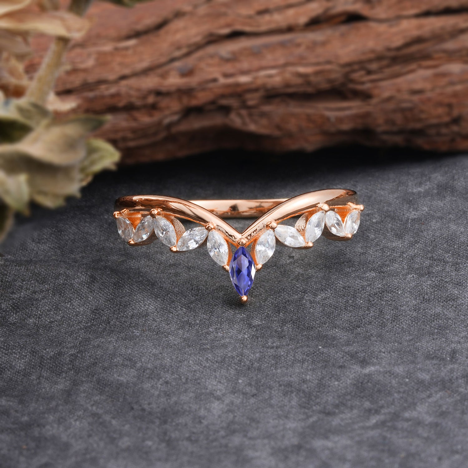 Unique Marquise Cut Curved Tanzanite Wedding Band
