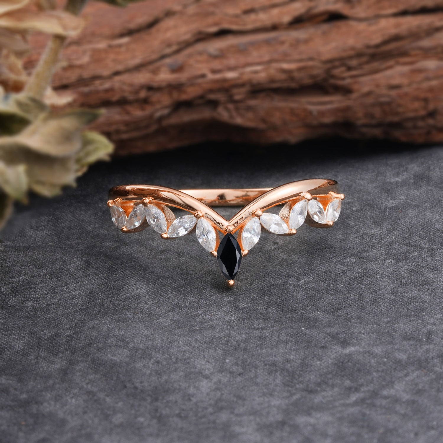 Unique Marquise Cut Curved Black Onyx Wedding Band