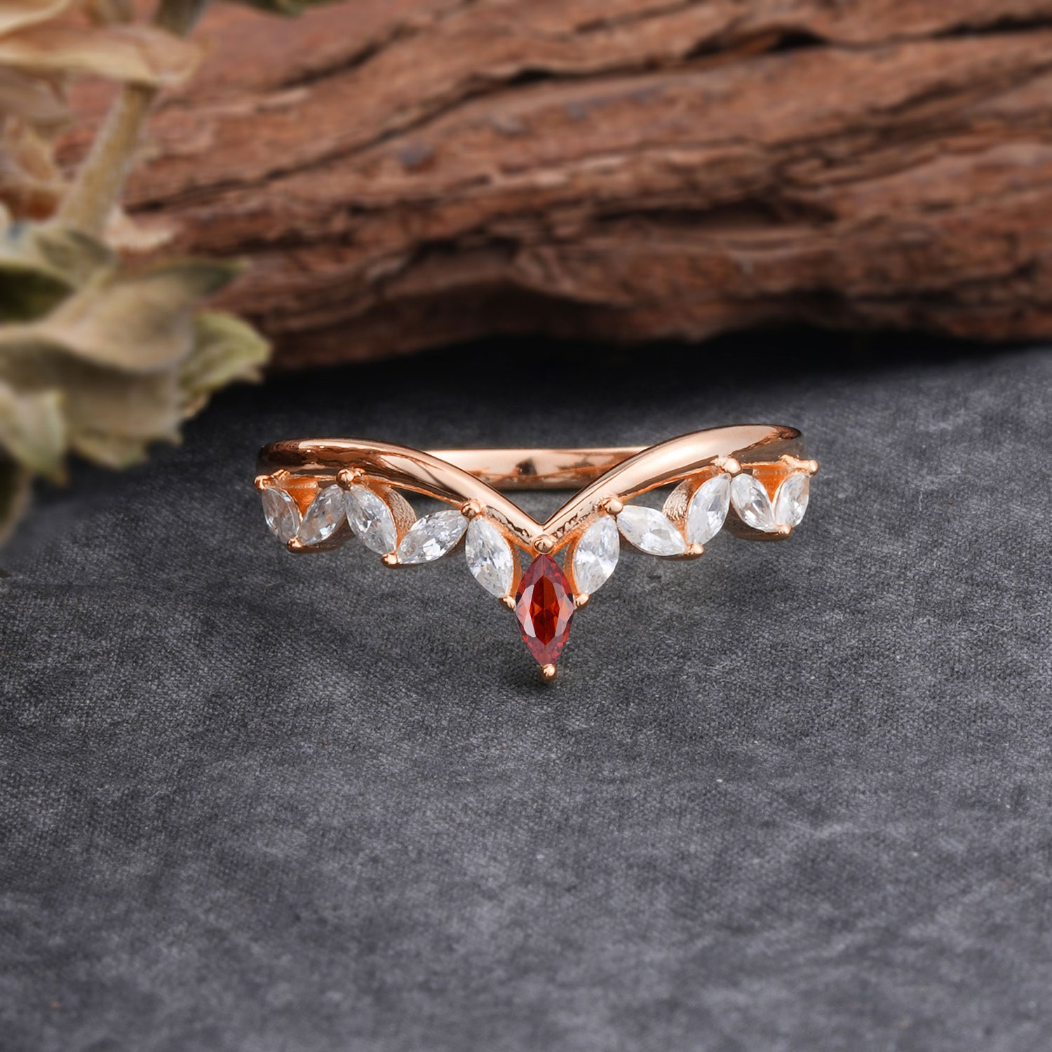 Unique Marquise Cut Curved Garnet Wedding Band