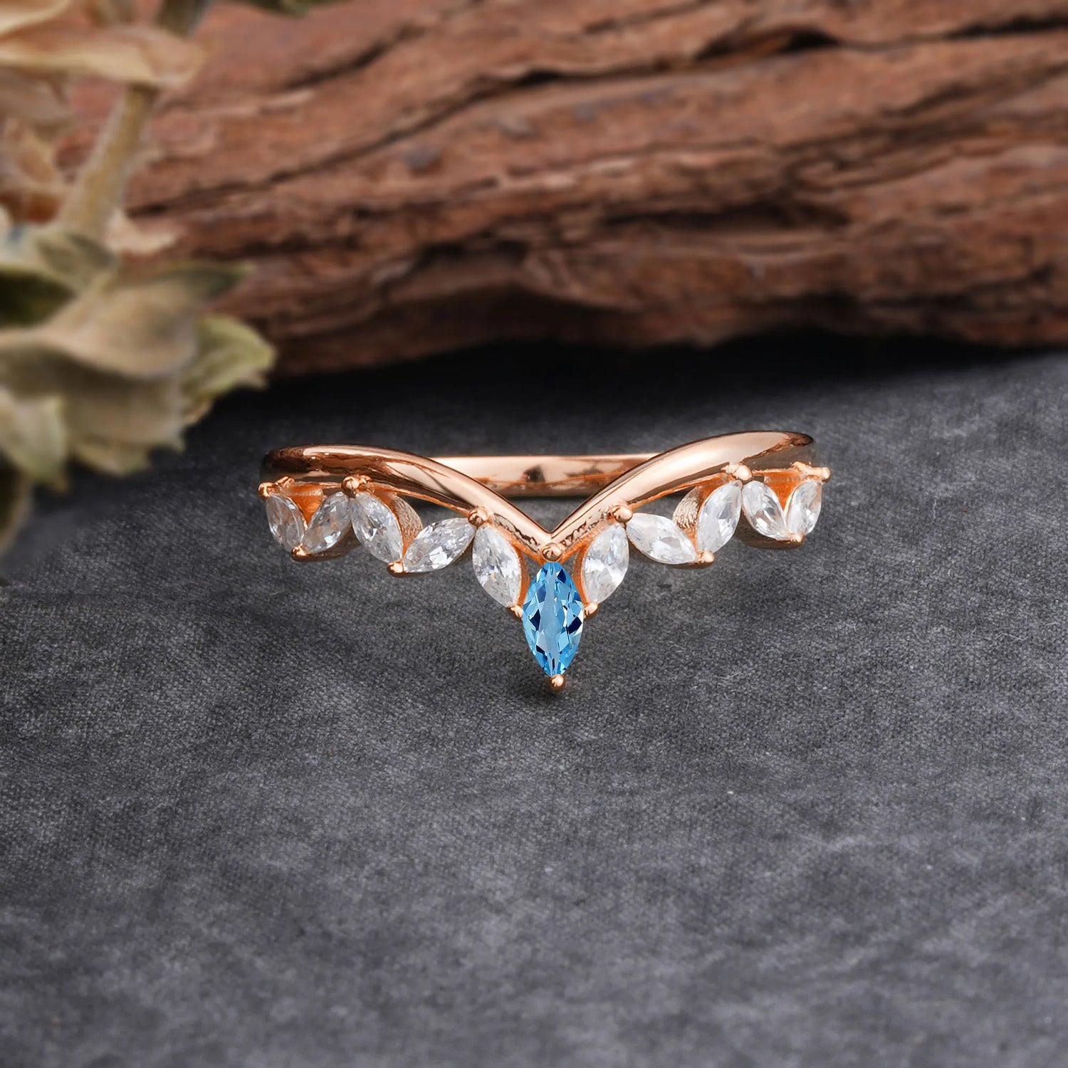 Unique Marquise Cut Curved Aquamarine Wedding Band