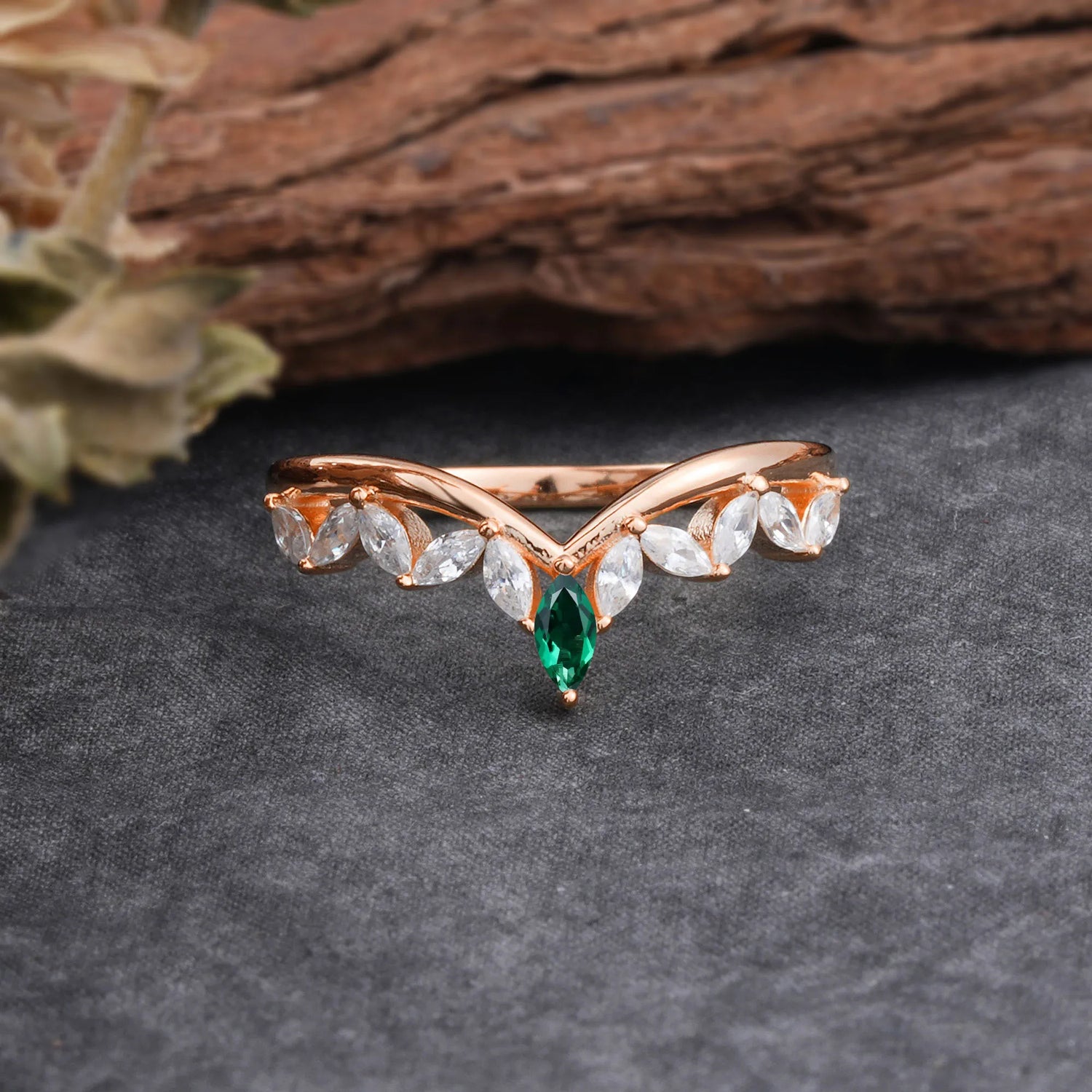 Unique Marquise Cut Curved Emerald Wedding Band