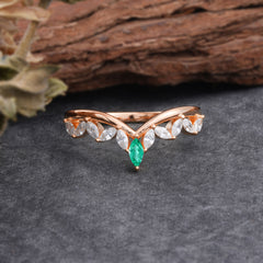 Unique Marquise Cut Curved Emerald Ring for Women