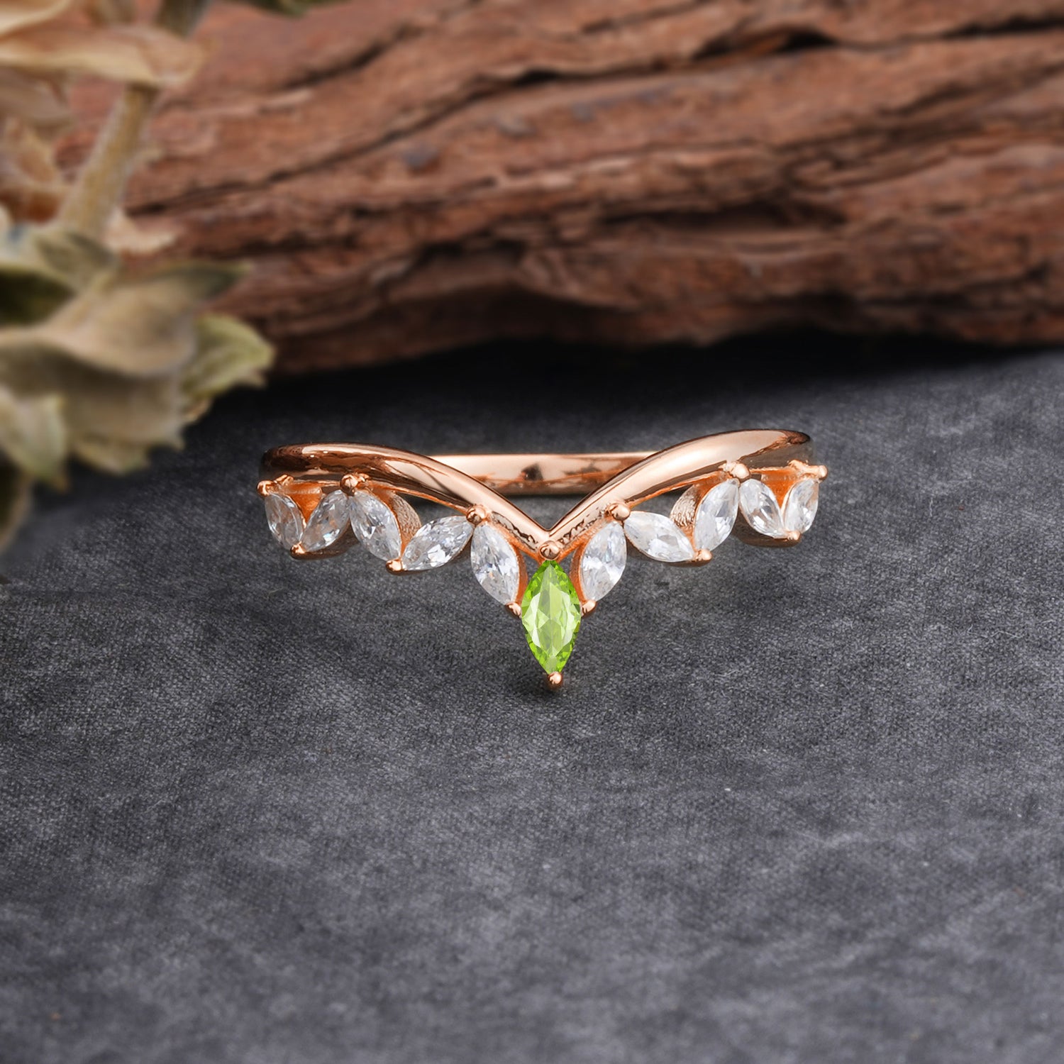 Unique Marquise Cut Curved Peridot Wedding Band