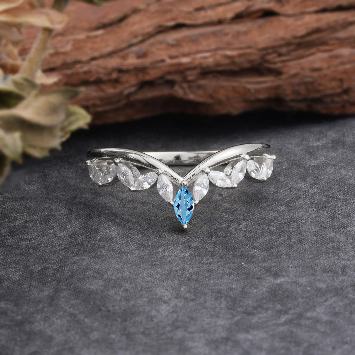 Unique Marquise Cut Curved Aquamarine Wedding Band