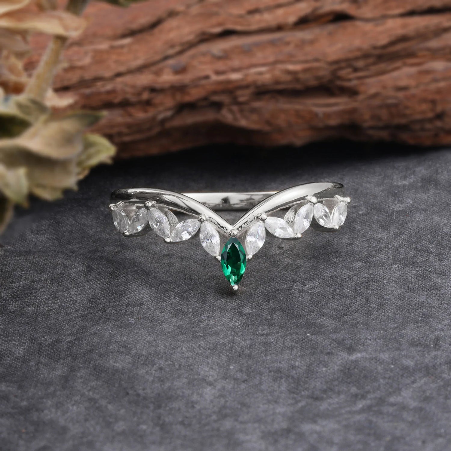 Unique Marquise Cut Curved Emerald Wedding Band