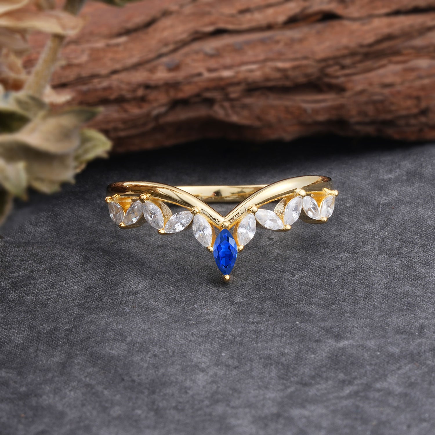 Unique Marquise Cut Curved Sapphire Wedding Band