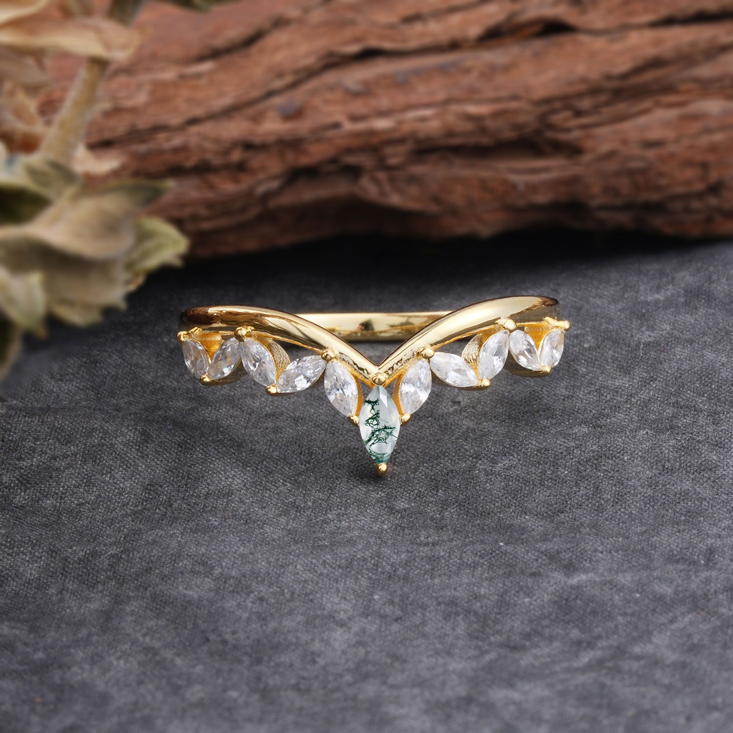Unique Marquise Cut Curved Moss Agate Ring for Women
