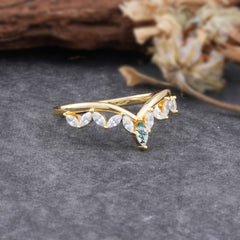 Unique Marquise Cut Curved Moss Agate Ring for Women
