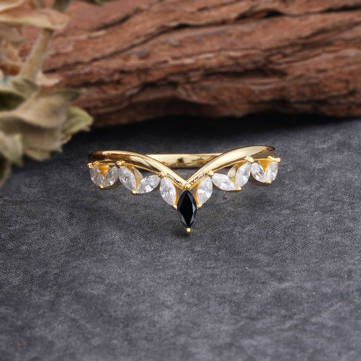 Unique Marquise Cut Curved Black Onyx Wedding Band