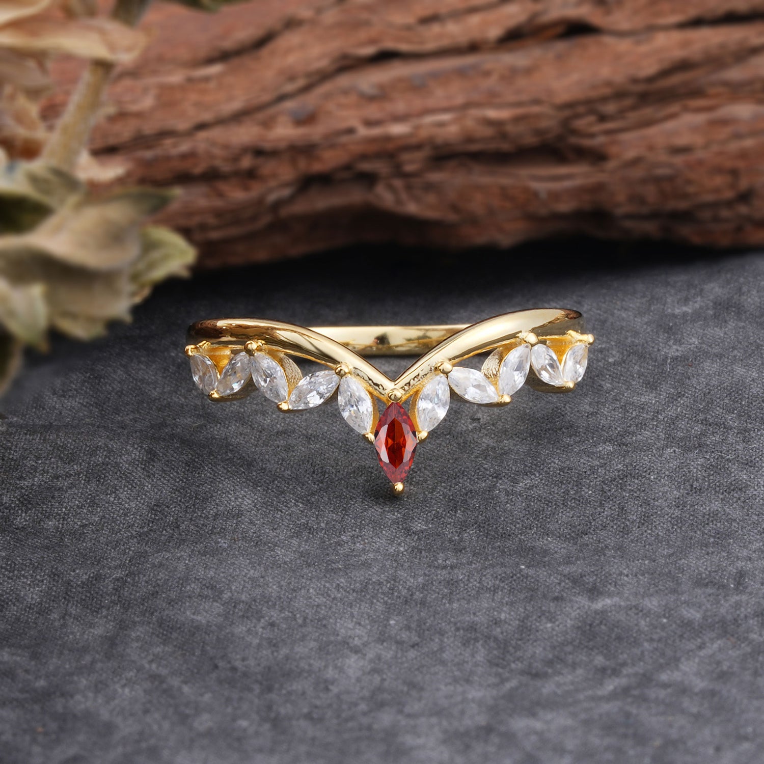 Unique Marquise Cut Curved Garnet Wedding Band