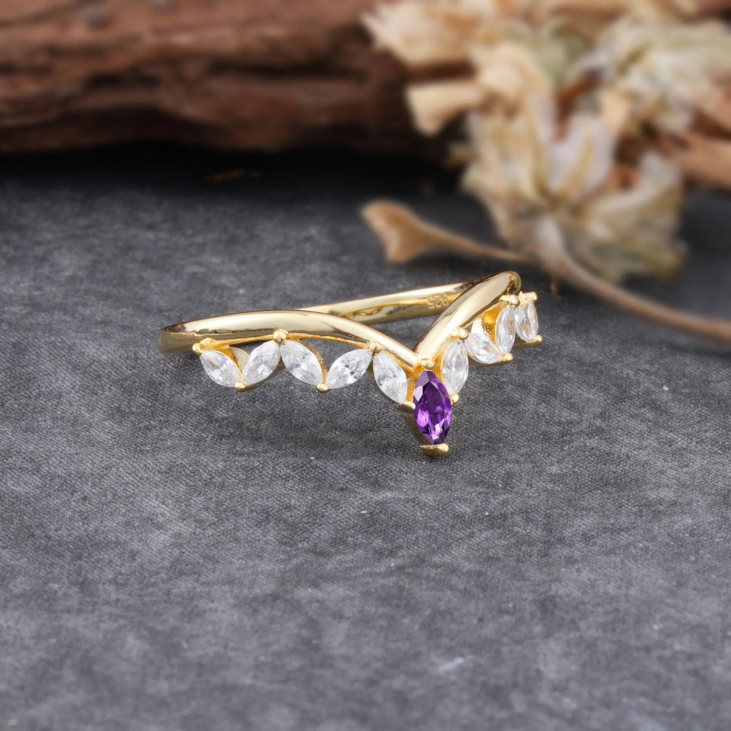 Unique Marquise Cut Curved Amethyst Wedding Band