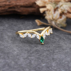 Unique Marquise Cut Curved Emerald Ring for Women
