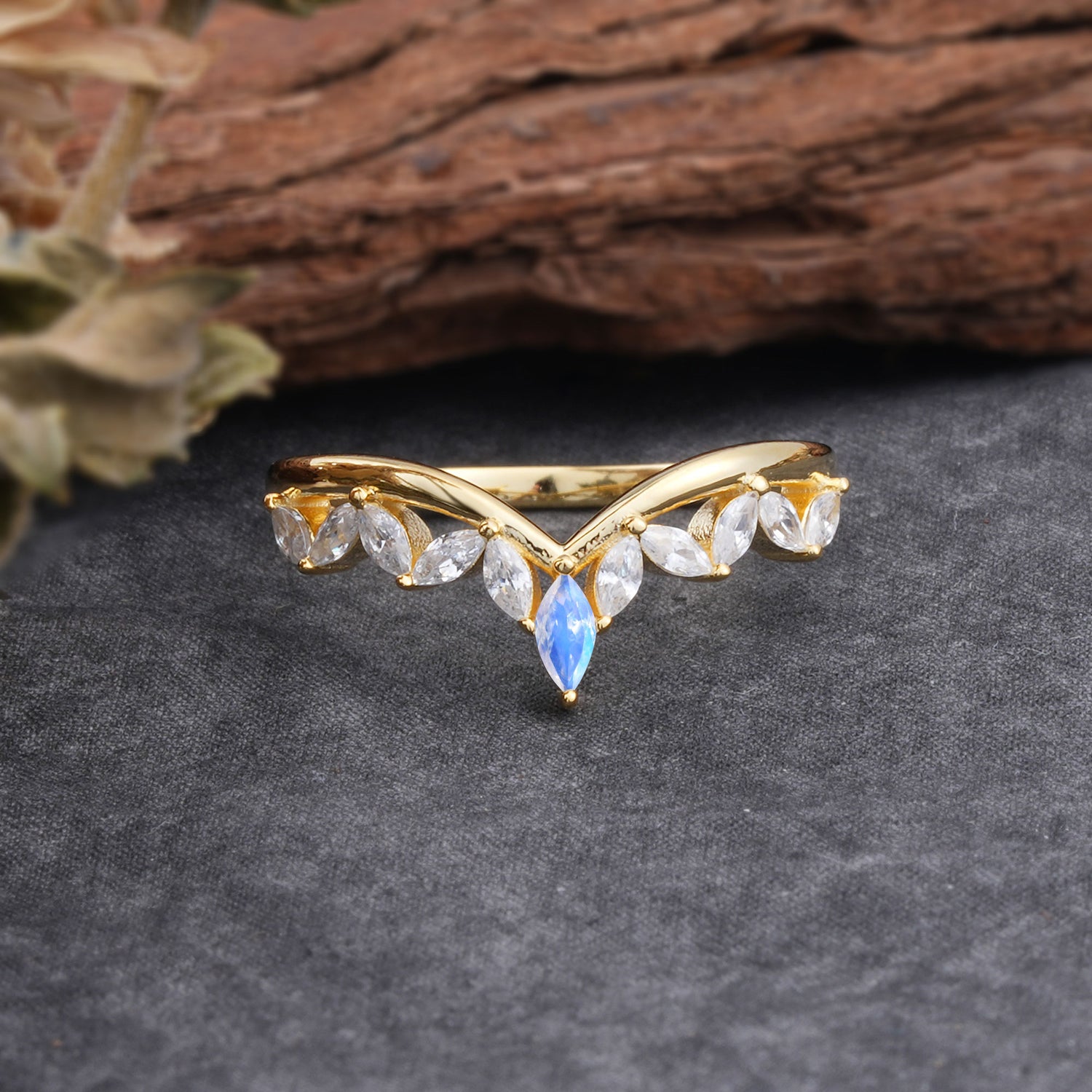 Unique Marquise Cut Curved Moonstone Wedding Band