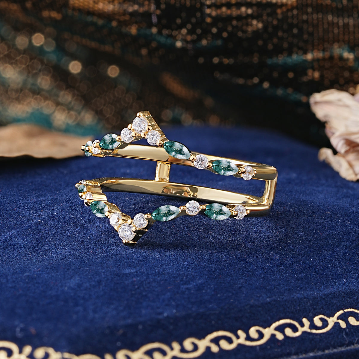 Classic Crown Moss Agate Enhancer Wedding Band Set - Additional view