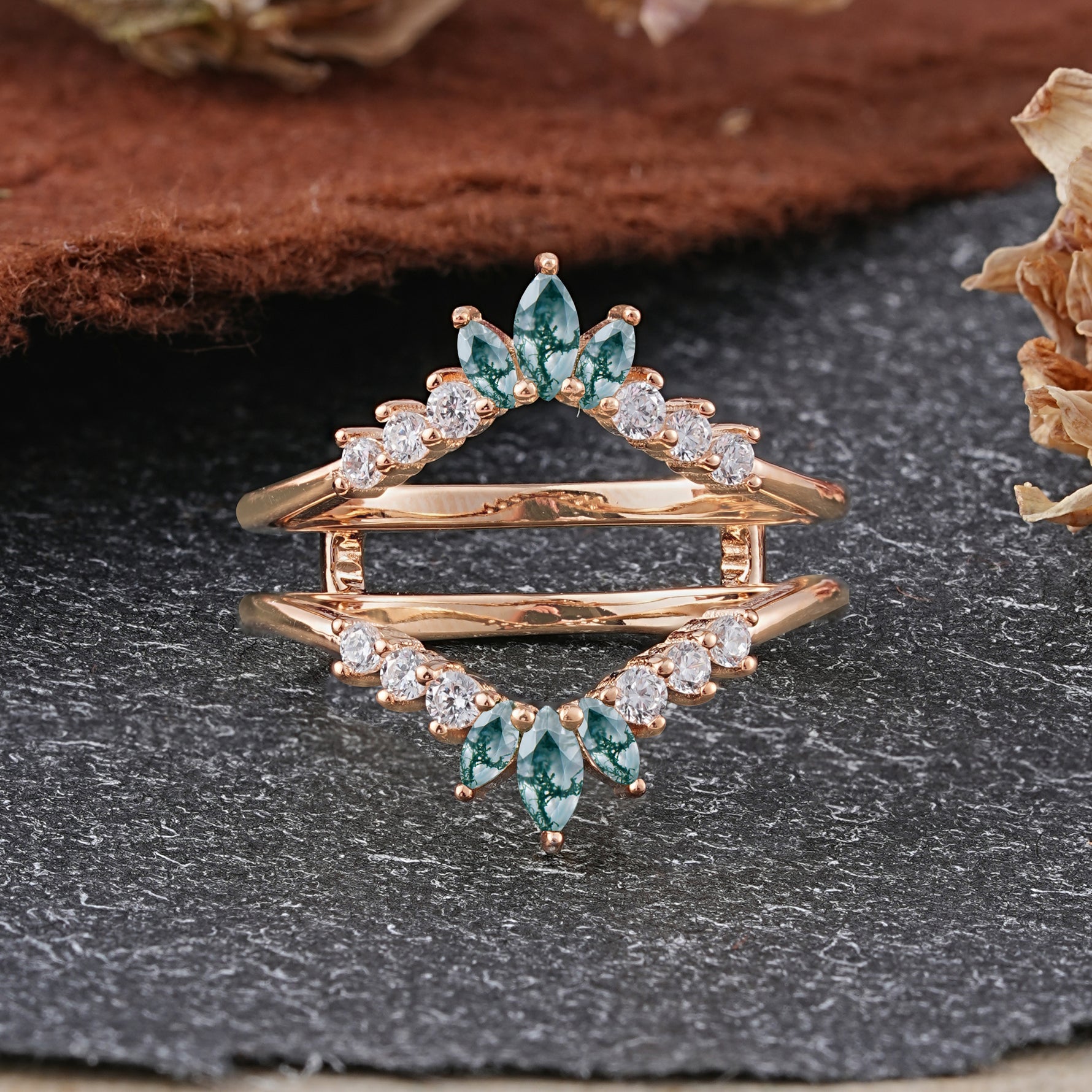 Vintage Chevron Crown 6 Moss Agate Enhancer Wedding Band Set - Additional view