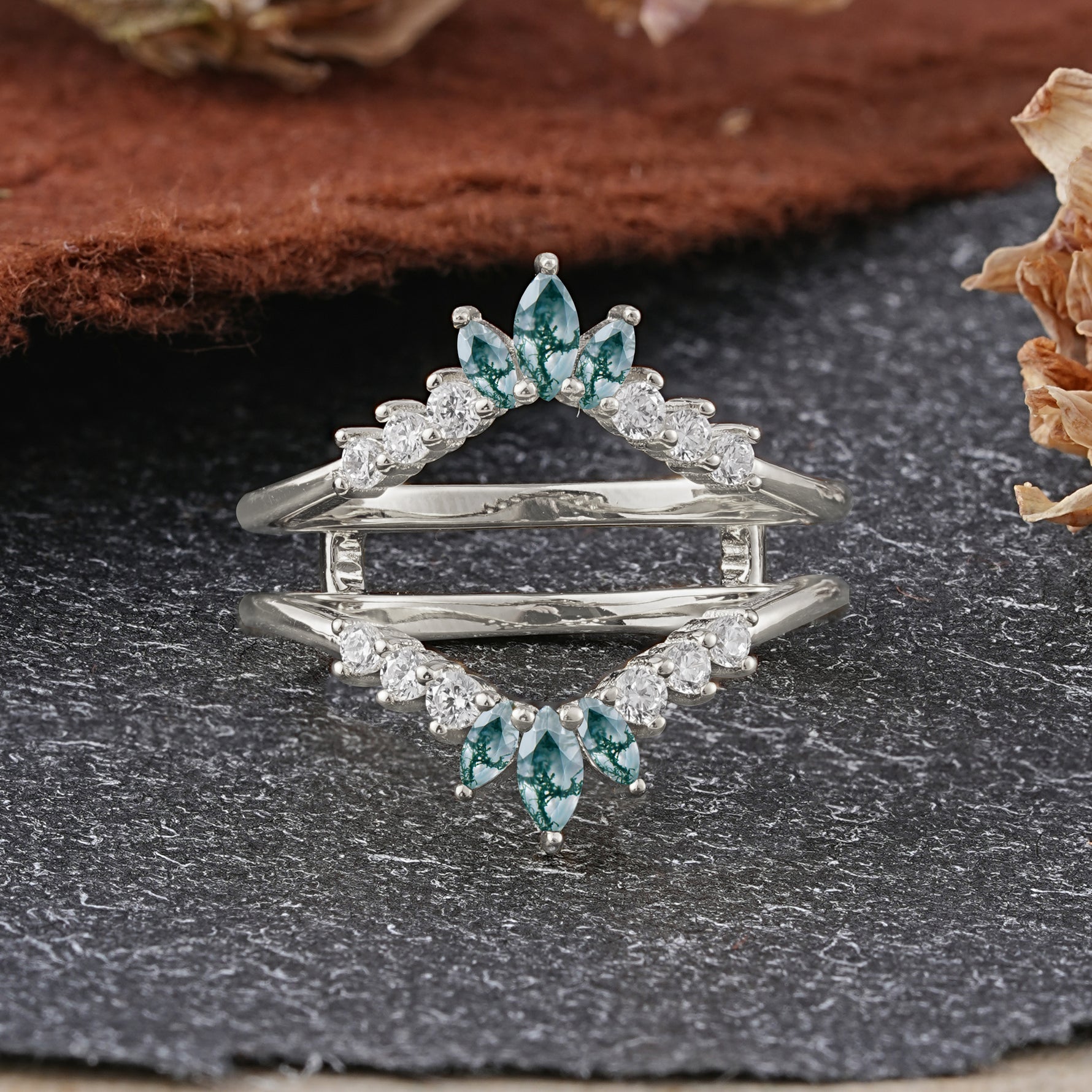 Vintage Chevron Crown 6 Moss Agate Enhancer Wedding Band Set - Additional view