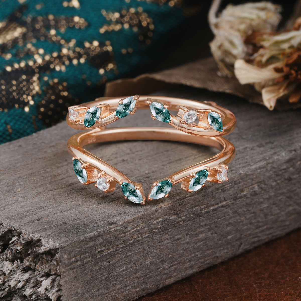 Vintage Marquise Cut Moss Agate Wrap Enhancer Wedding Band Set - Additional view