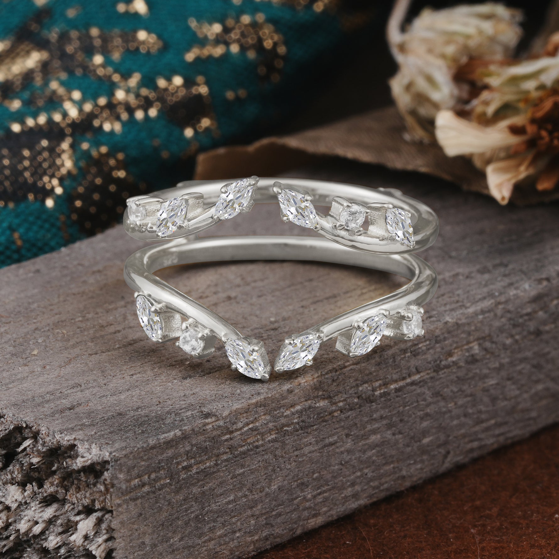 Vintage Marquise Cut Moissanite Wrap Enhancer Wedding Band Set - Additional view
