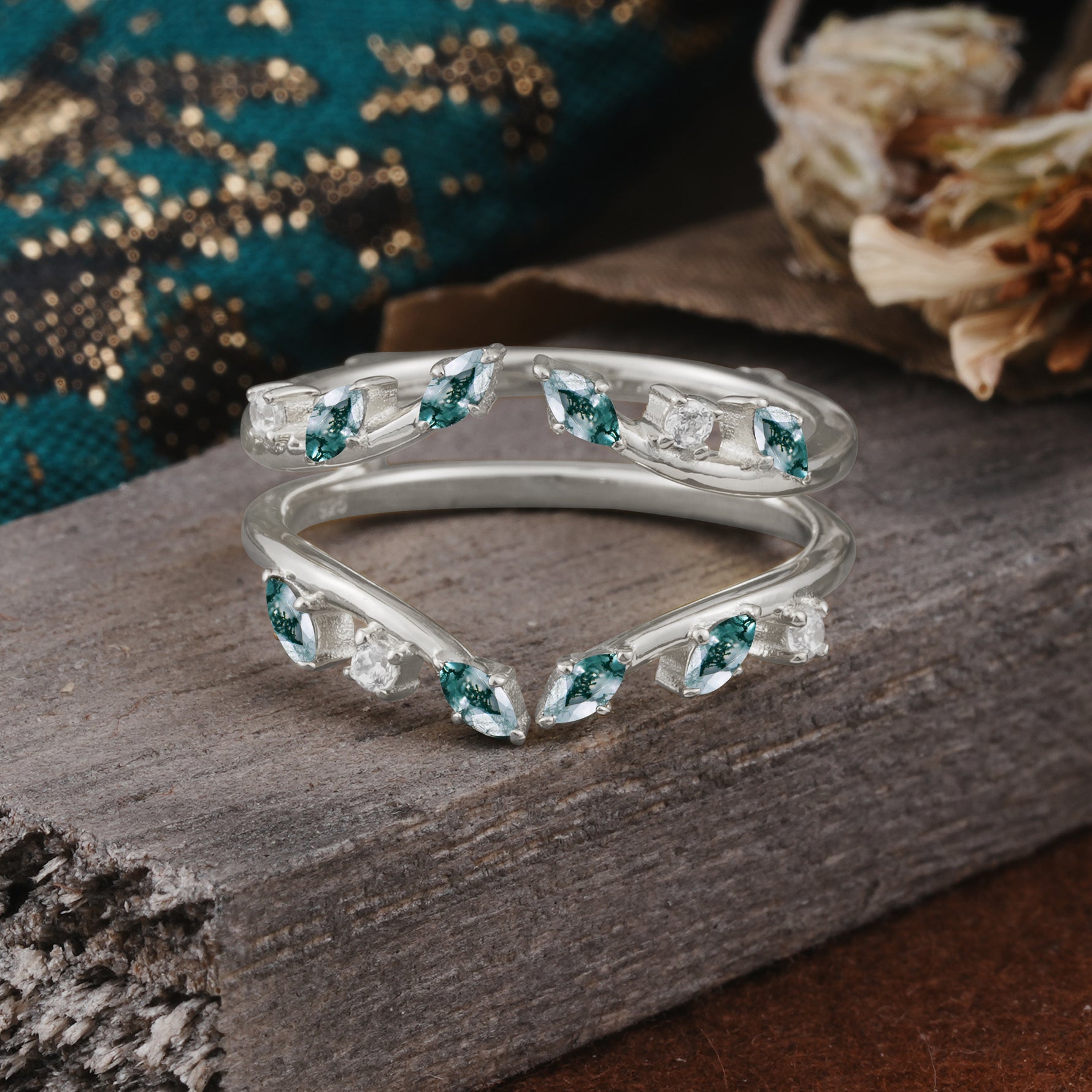 Vintage Marquise Cut Moss Agate Wrap Enhancer Wedding Band Set - Additional view