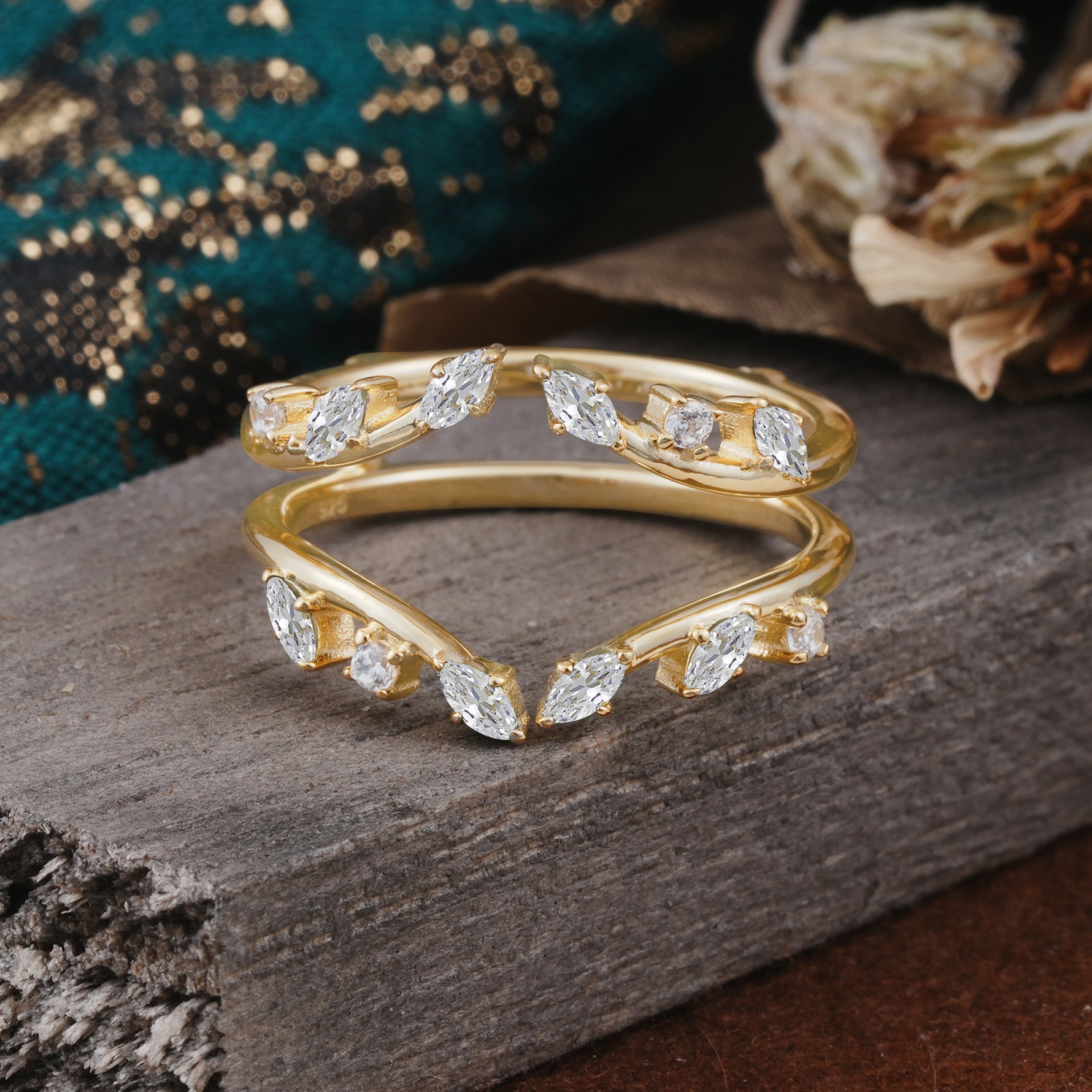 Vintage Marquise Cut Moissanite Wrap Enhancer Wedding Band Set - Additional view