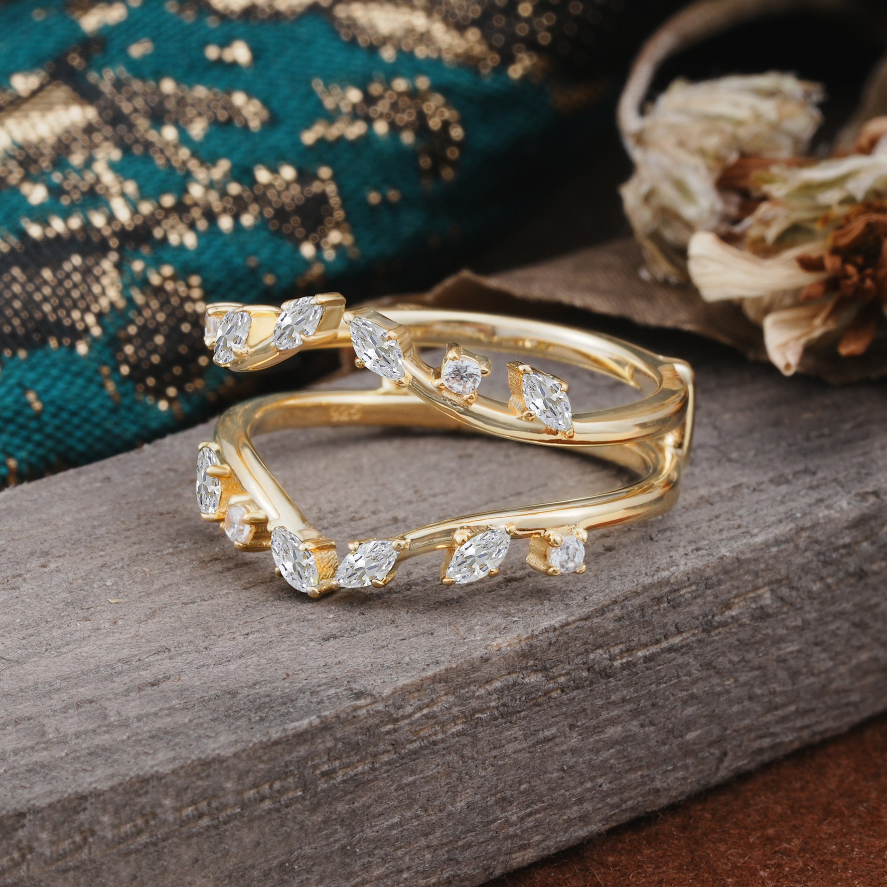 Vintage Marquise Cut Moissanite Wrap Enhancer Wedding Band Set - Additional view