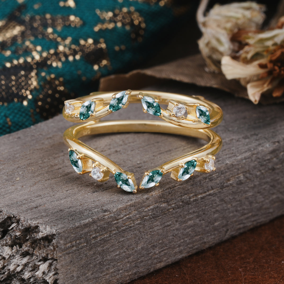 Vintage Marquise Cut Moss Agate Wrap Enhancer Wedding Band Set - Additional view