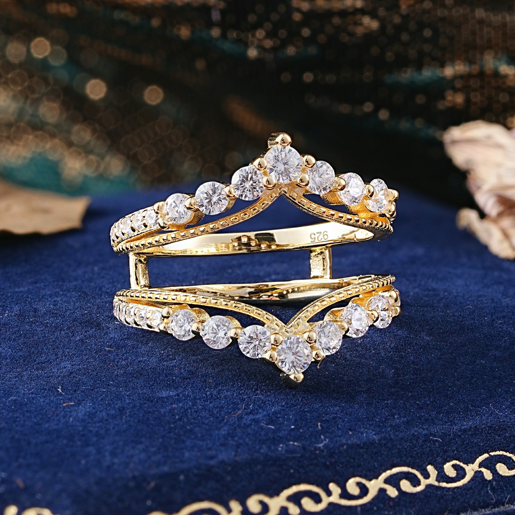 Vintage Tiara Crown Moissanite Double Row Enhancer Wedding Band - Additional view