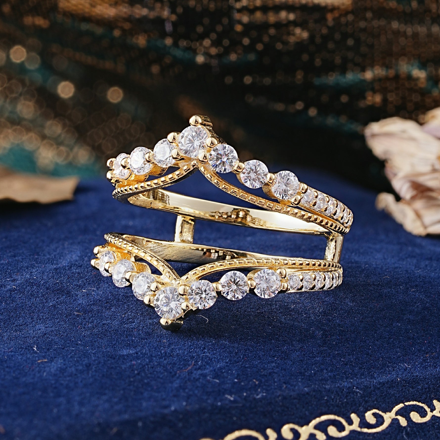 Vintage Tiara Crown Moissanite Double Row Enhancer Wedding Band - Additional view