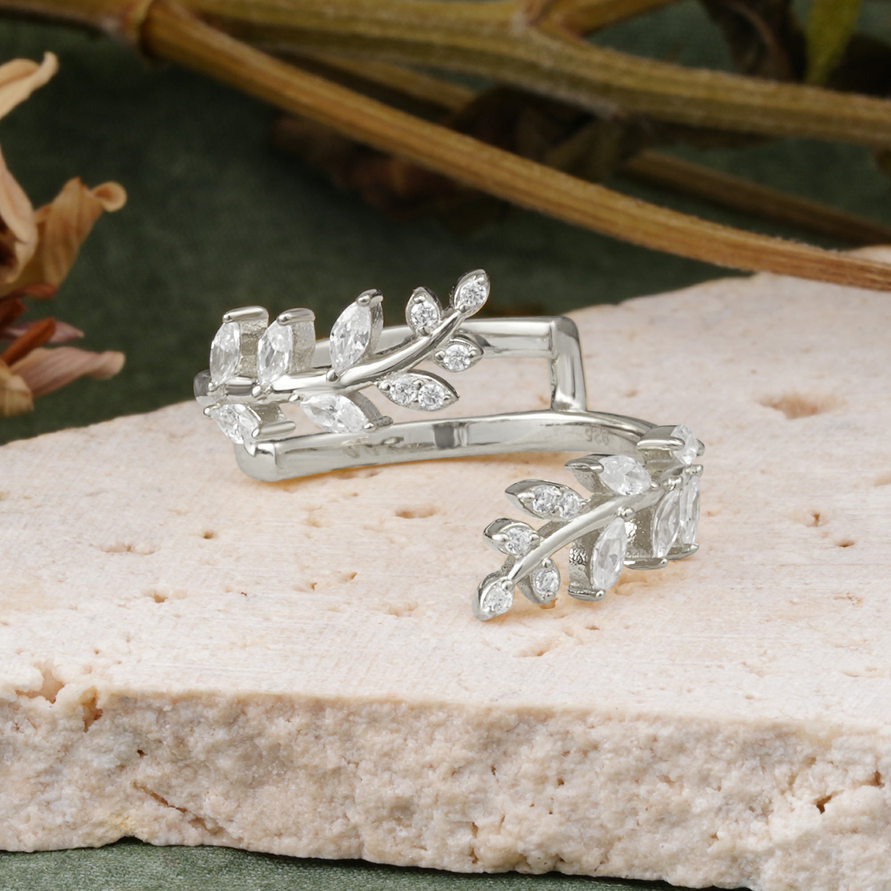 Nature Inspired Leaf Wrap Enhancer Band with Mixed Cut Moissanite Accents - Additional view