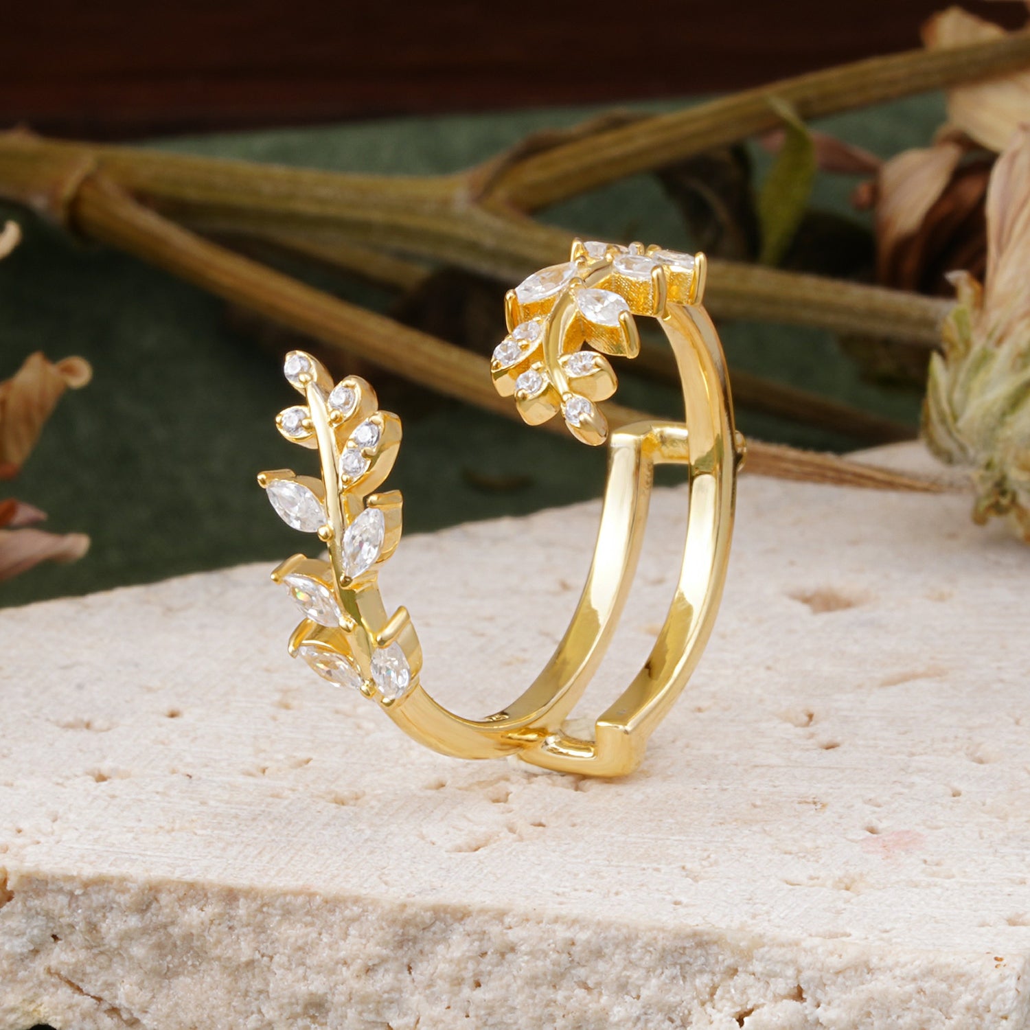 Nature Inspired Leaf Wrap Enhancer Band with Mixed Cut Moissanite Accents - Additional view