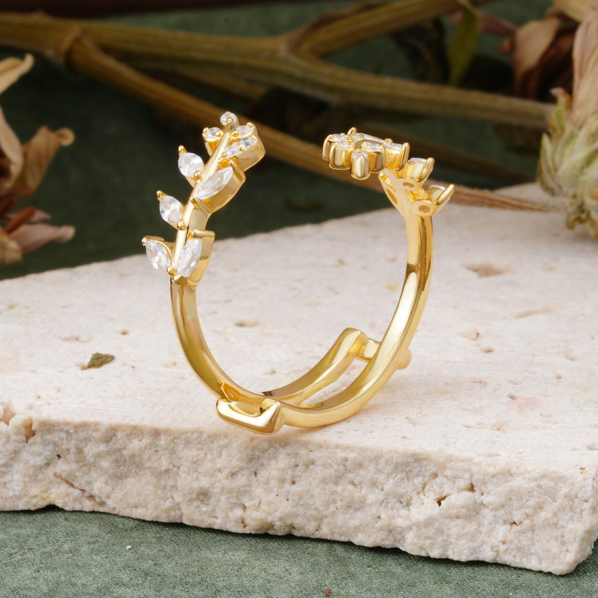 Nature Inspired Leaf Wrap Enhancer Band with Mixed Cut Moissanite Accents - Additional view