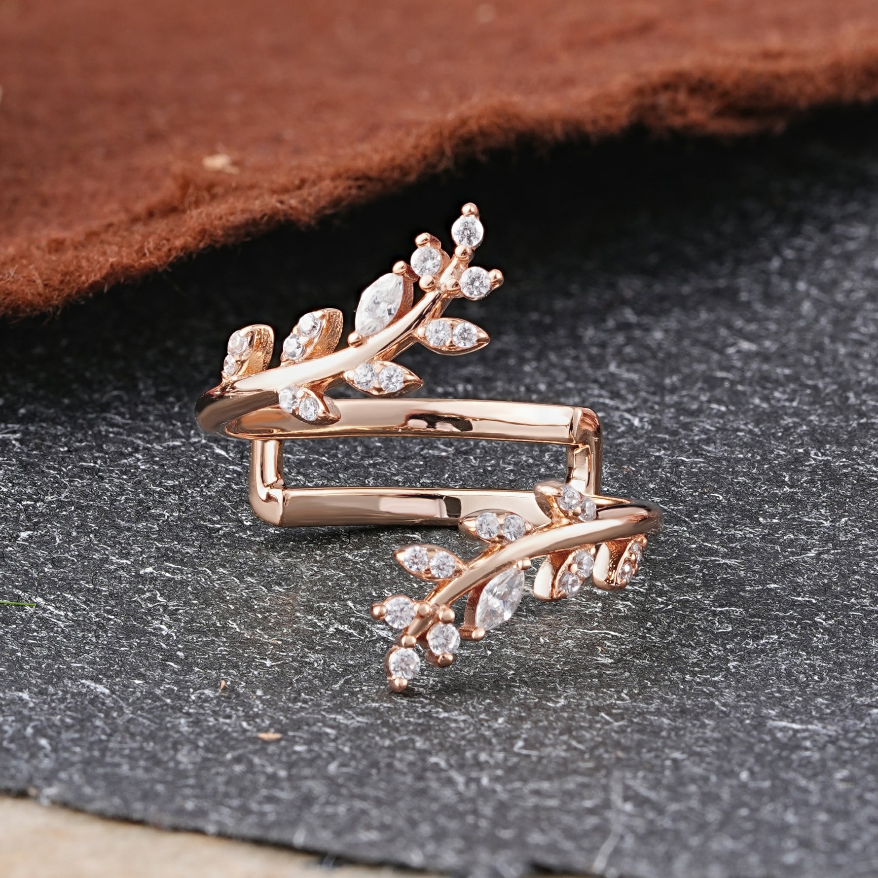 Vintage Nature Inspired Olive Branch Moissanite Enhancer Wedding Band - Additional view