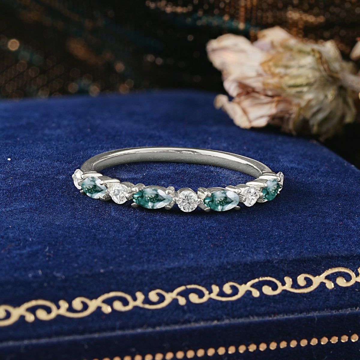 Classic Marquise Moss Agate Alternating Stacking Wedding Band - Additional view