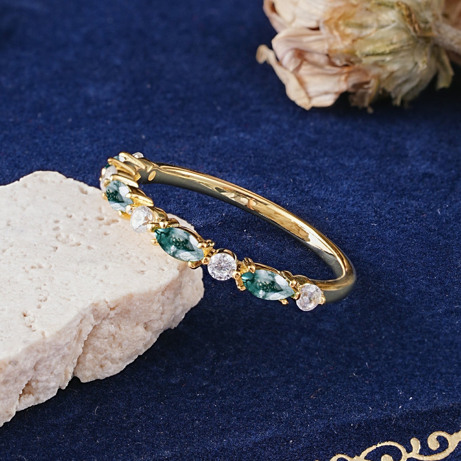 Classic Marquise Moss Agate Alternating Stacking Wedding Band - Additional view