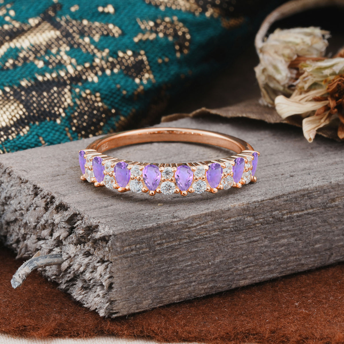 Natural Pear Cut Amethyst Eternity Wedding Band - Additional view