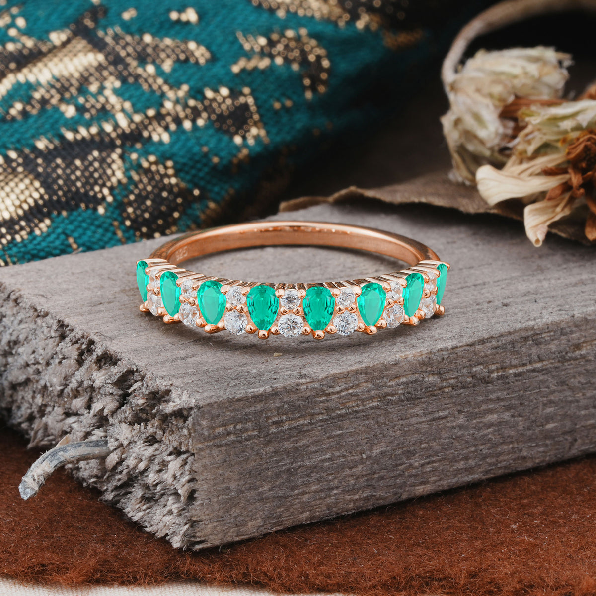 Natural Pear Cut Emerald Eternity Wedding Band - Additional view