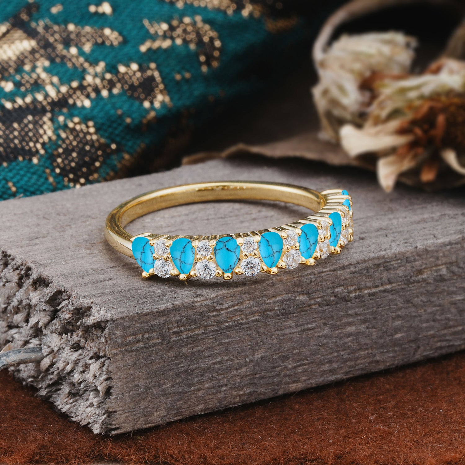 Natural Pear Cut Turquoise Eternity Wedding Band - Additional view
