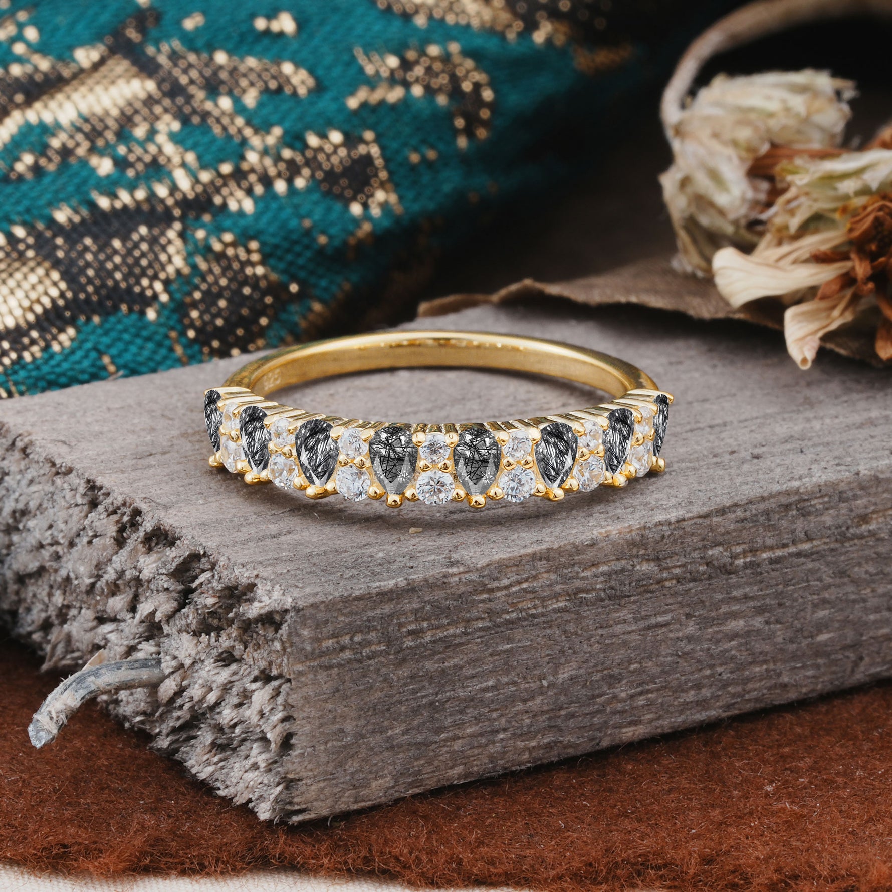 Natural Pear Cut Black Rutilated Quartz Eternity Wedding Band - Additional view