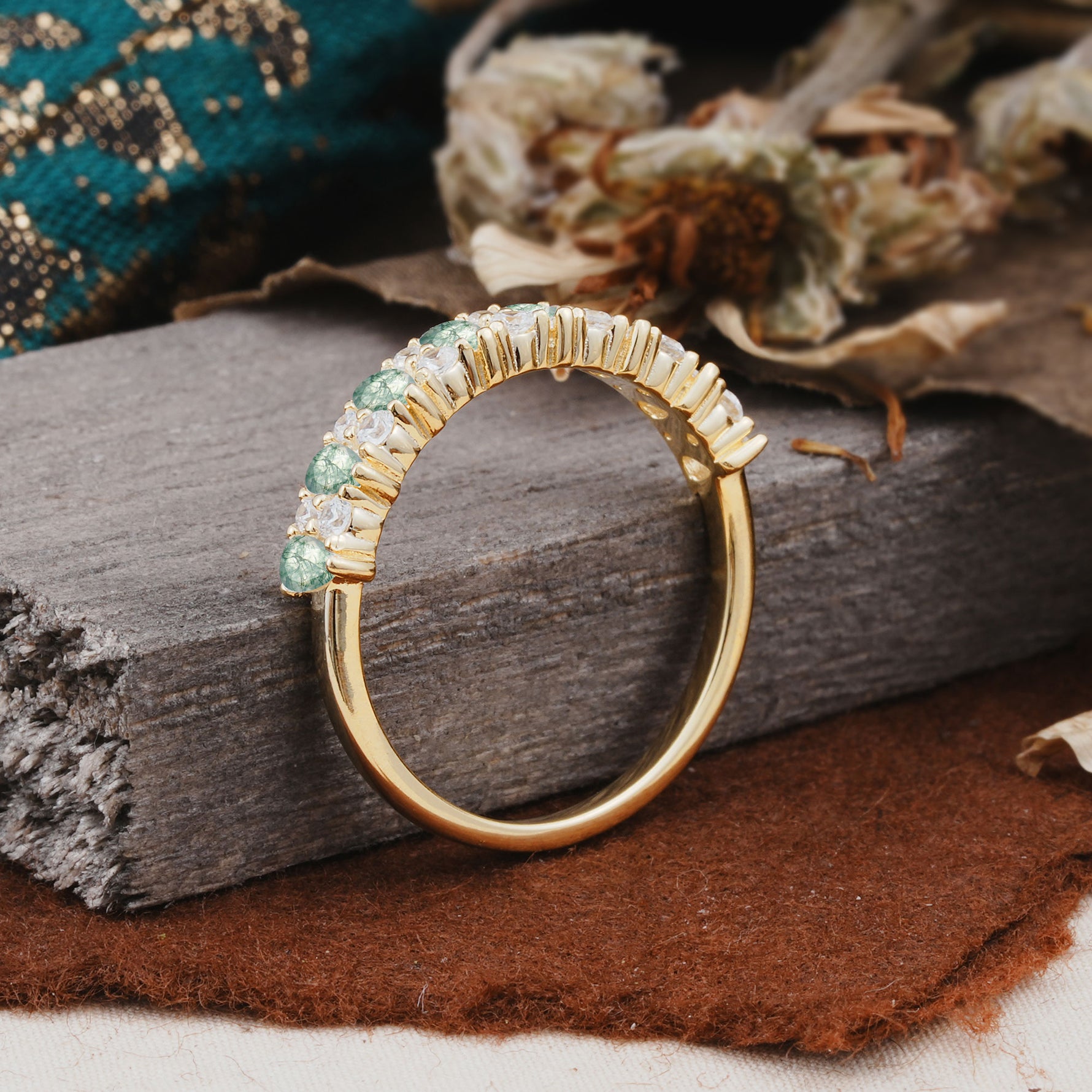 Natural Pear Cut Moss Agate Eternity Wedding Band - Additional view