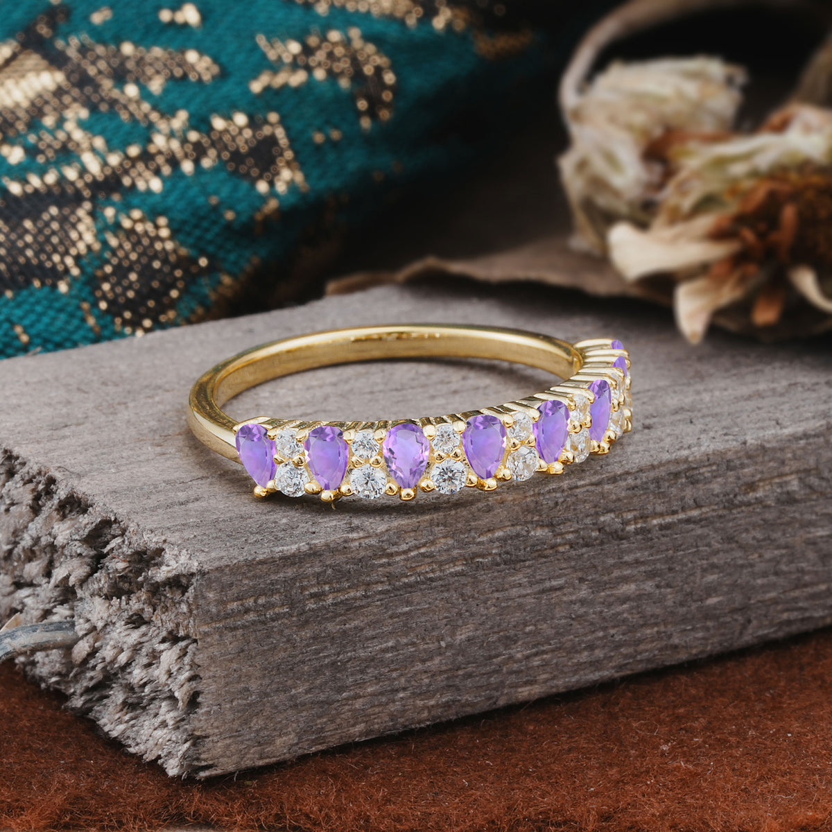 Natural Pear Cut Amethyst Eternity Wedding Band - Additional view