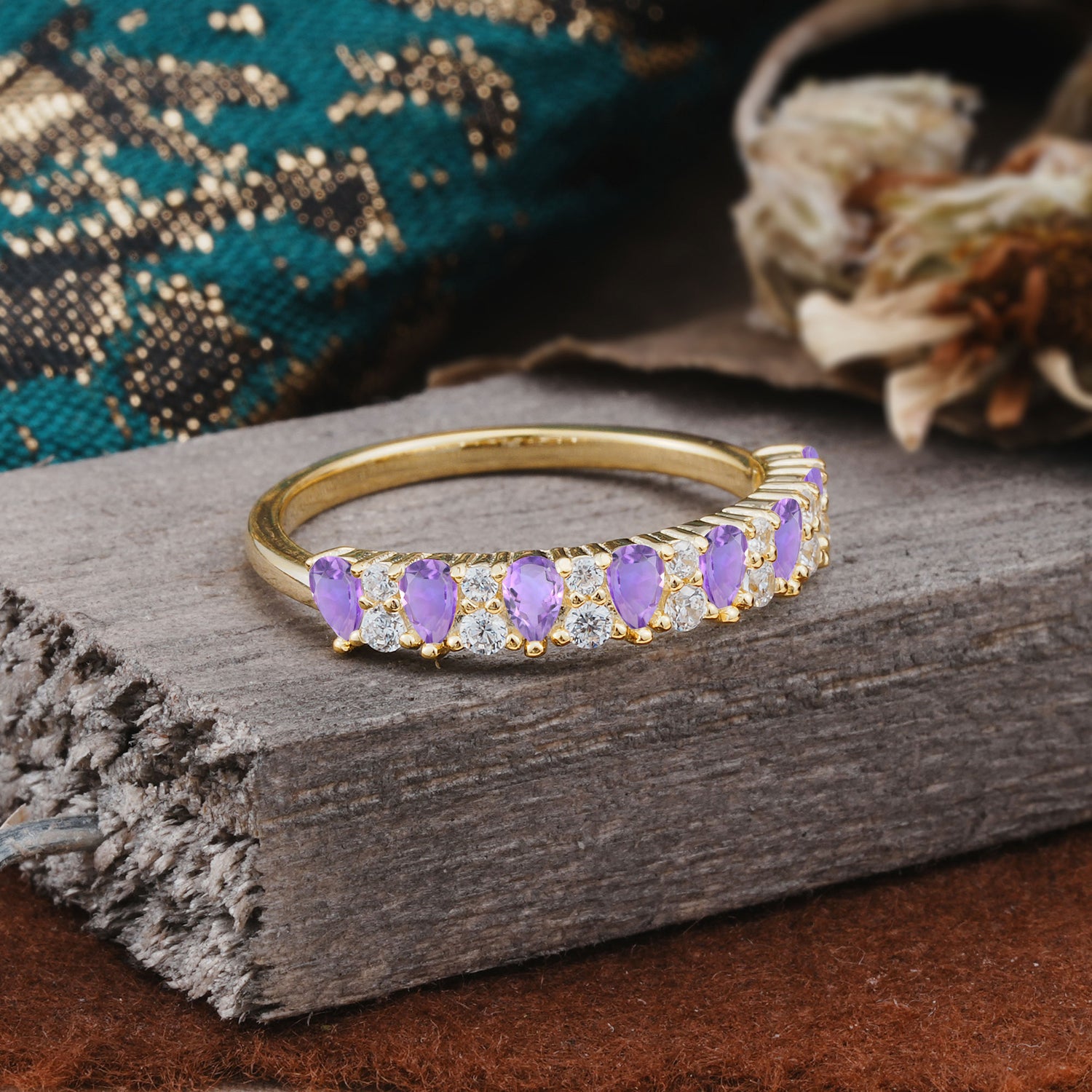 Natural Pear Cut Amethyst Eternity Wedding Band - Additional view